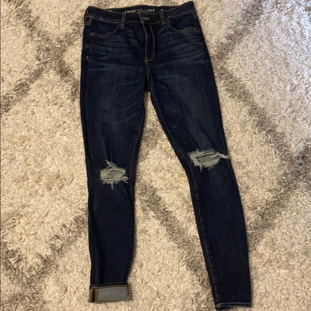 Dark holey skinny jean high rise stretchy